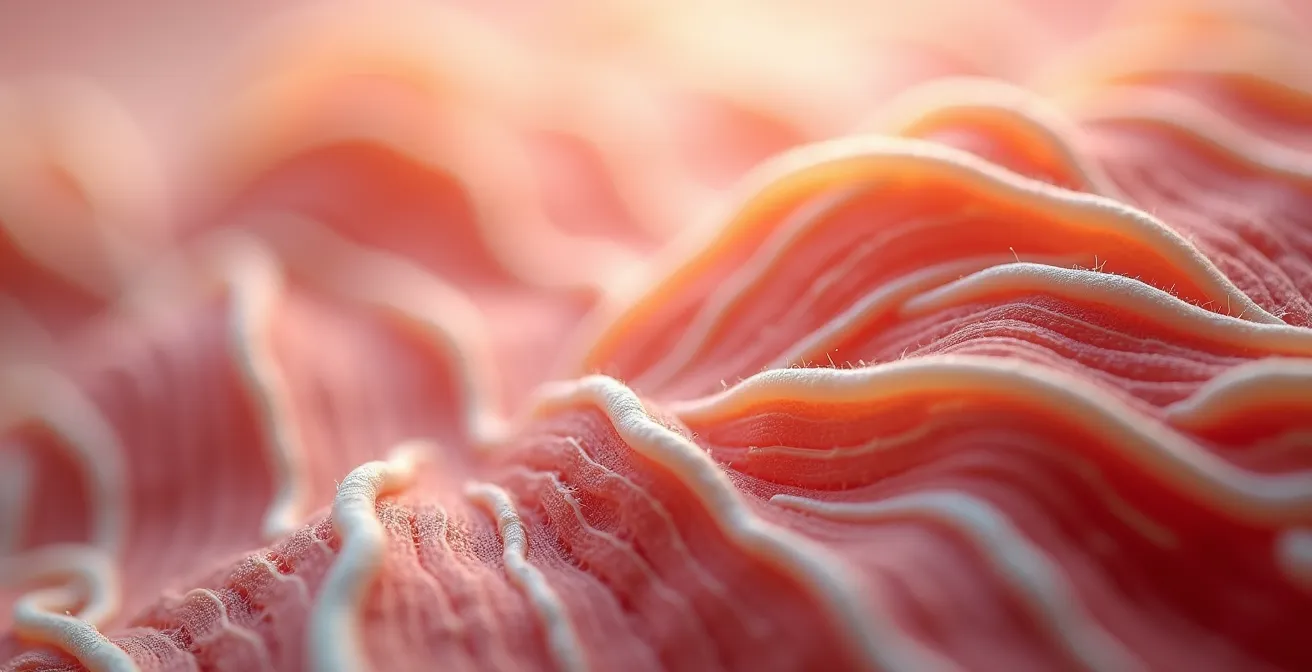 Gros plan sur des fibres musculaires relâchées pendant le sommeil paradoxal avec texture organique détaillée