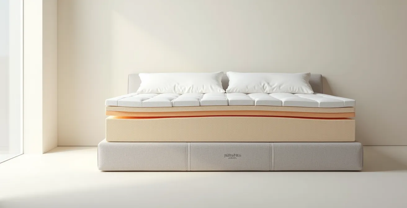 Vue en coupe latérale d'un matelas moderne montrant les différentes couches de mousse et la structure interne