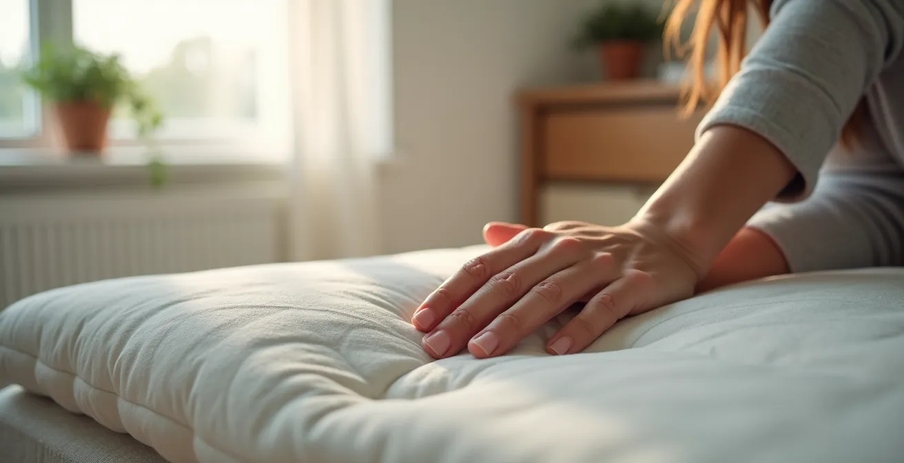 Main d'une personne glissant dans l'espace entre le bas du dos et la surface d'un matelas pour tester la fermeté